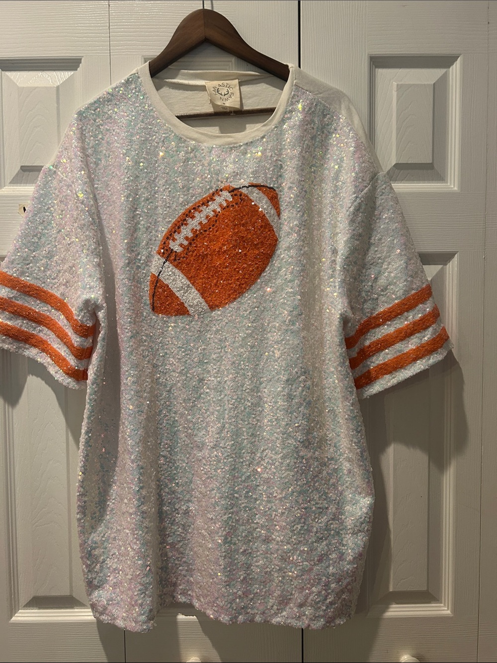 Fantastic Fawn White Sequin Mini Dress with Orange Football